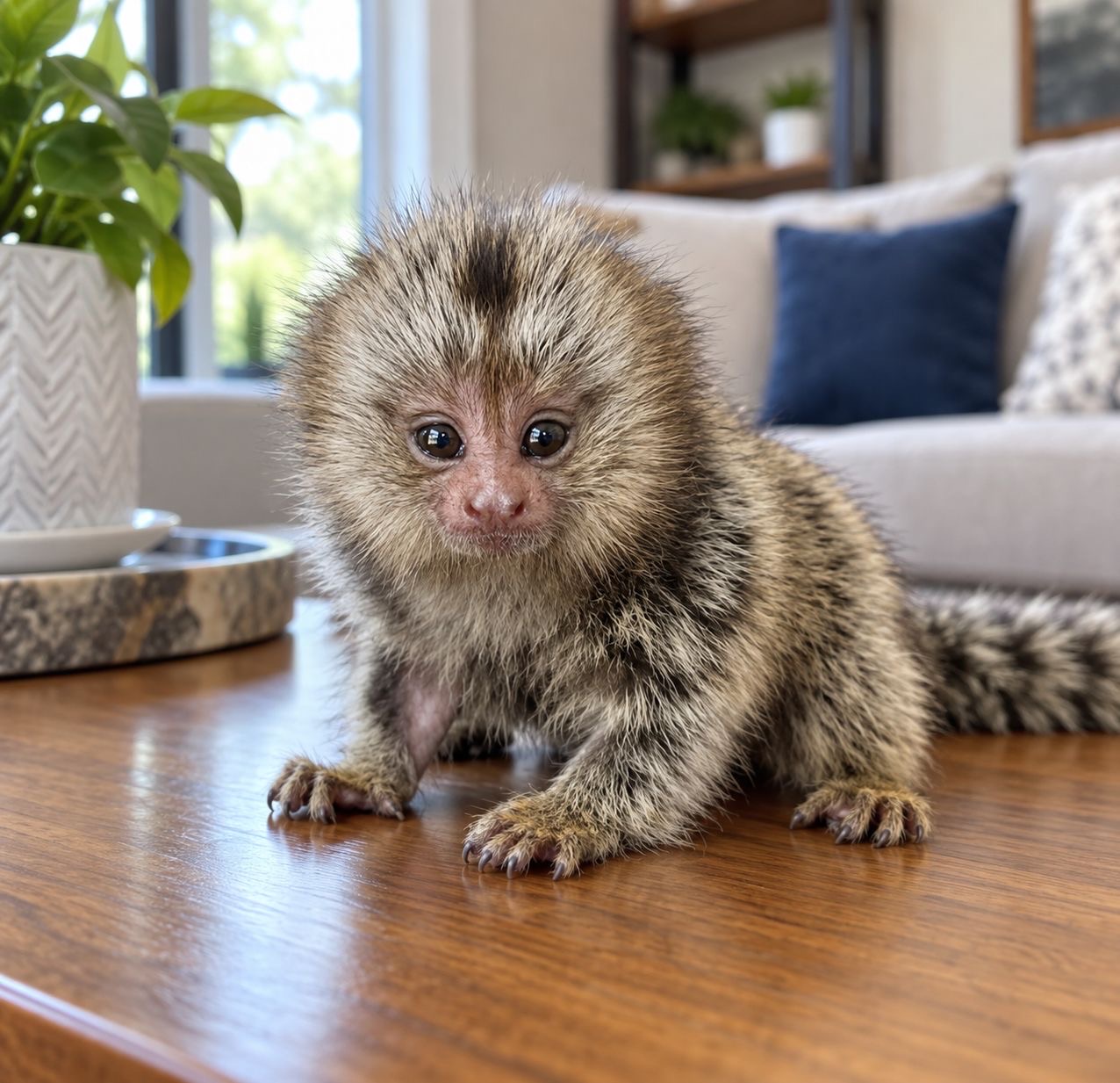 Louis, a young marmoset sitting on a table in a bright living room